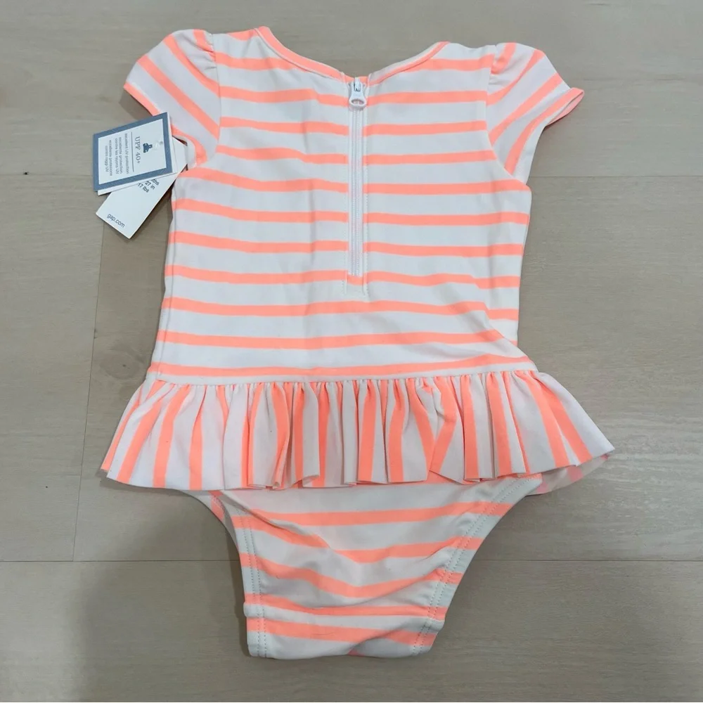 NWT Baby Gap Girl's 0-6 Month Stripe Peplum Swim Suit 0ne Piece Ruffle Orange